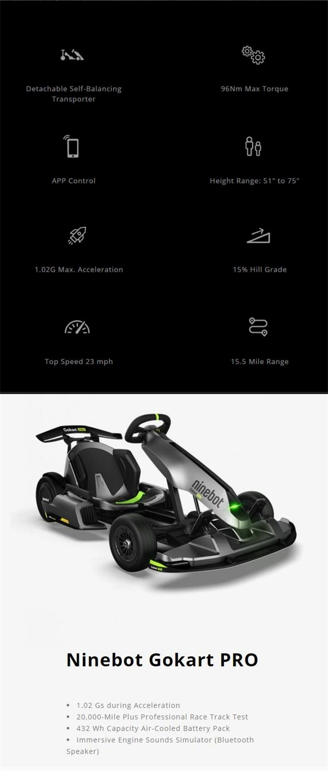 Ninebot Seg Way Xiaomi High Quality Gray 4800W Safe Car Racing Gokart Karts Karting off Road Electric Go Karts for Adults